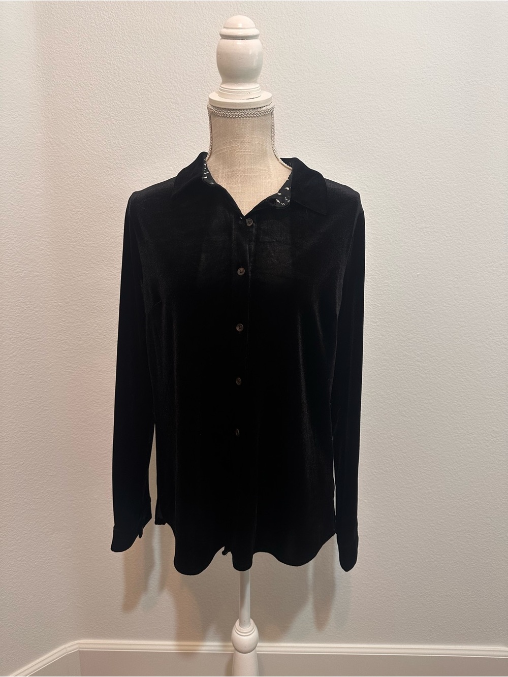 Skies Are Blue Black Velvet Button-Down Blouse